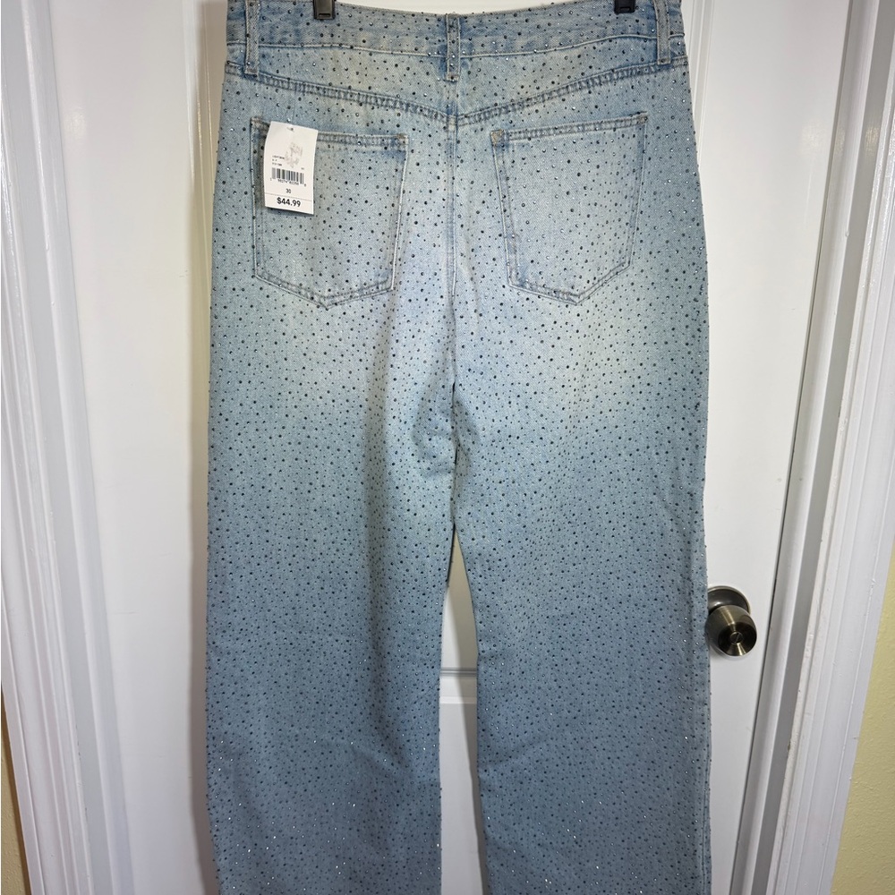 Light Wash Rhinestone Straight Jeans - Picture 2 of 8